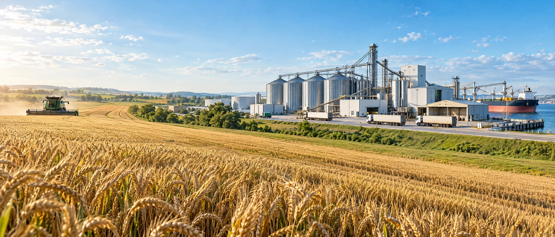 Cultivated fields leading to agricultural processing infrastructure and grain silos