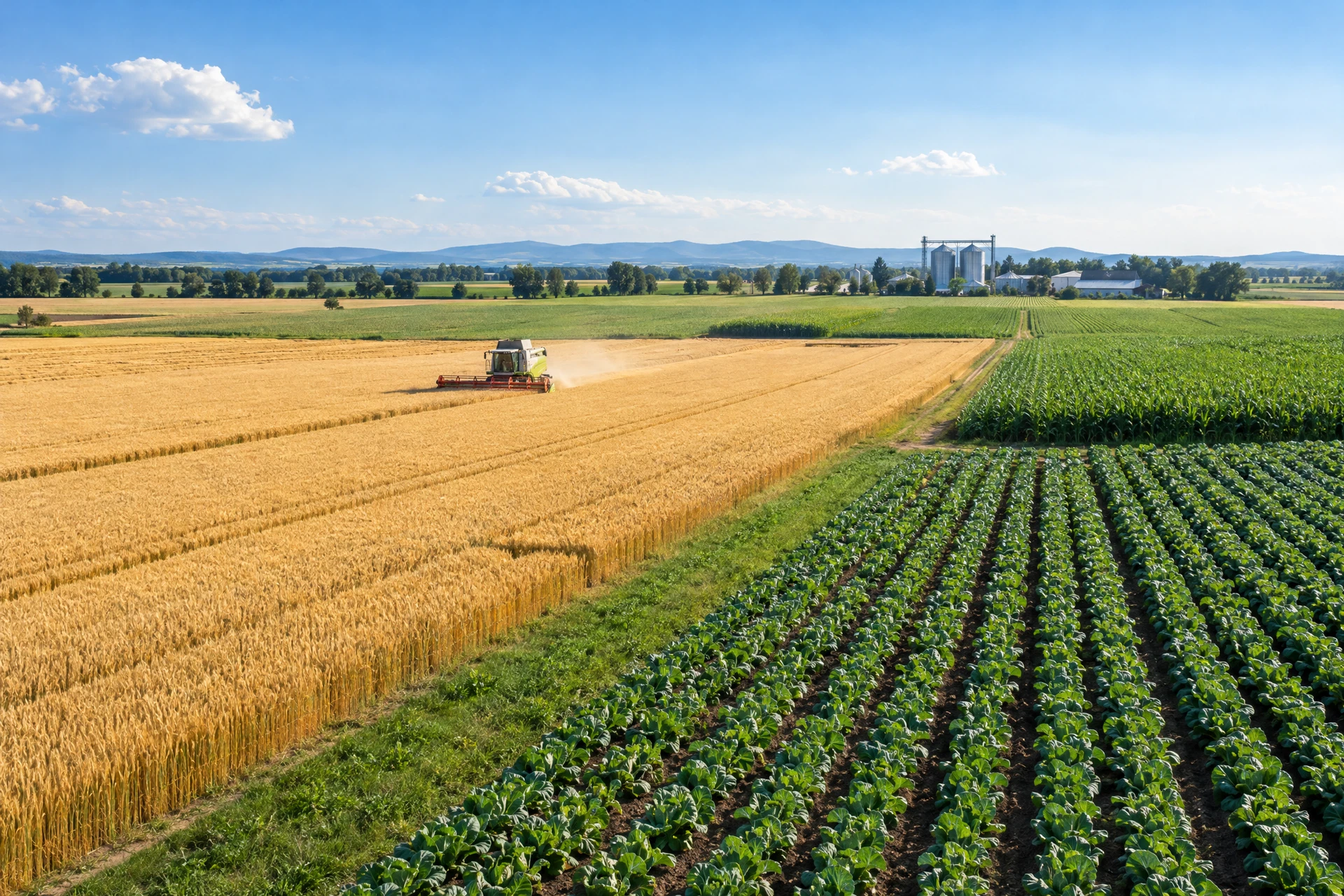 Cultivated agricultural fields with a modern tractor working among crop rows