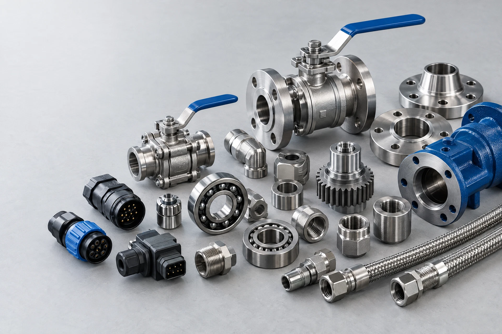 Industrial components including valves, fittings, electrical connectors, and gears