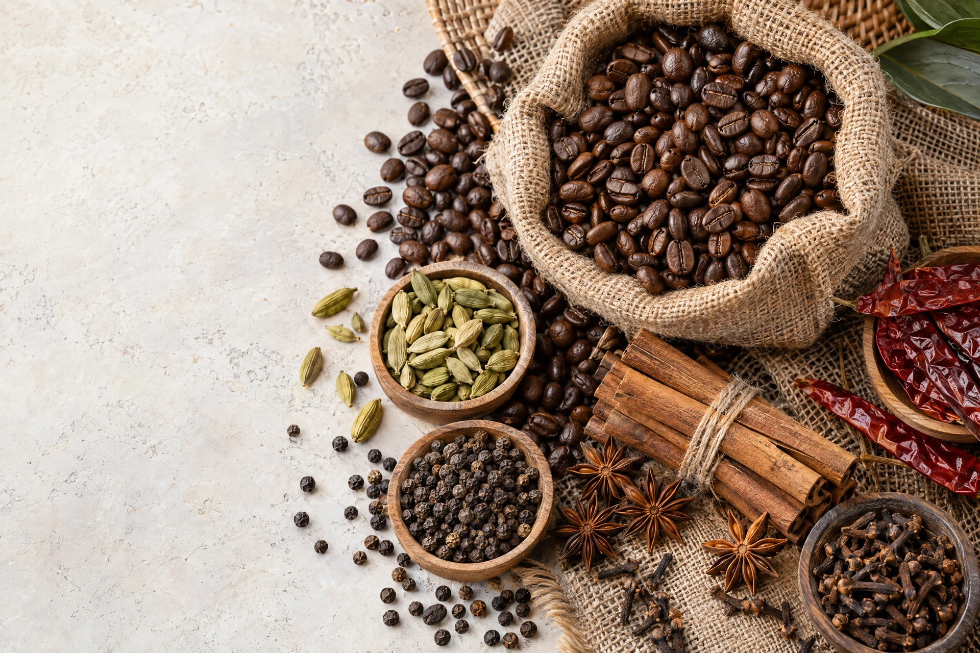 Coffee beans and a selection of spices including cinnamon, star anise, cardamom, pepper, and cloves