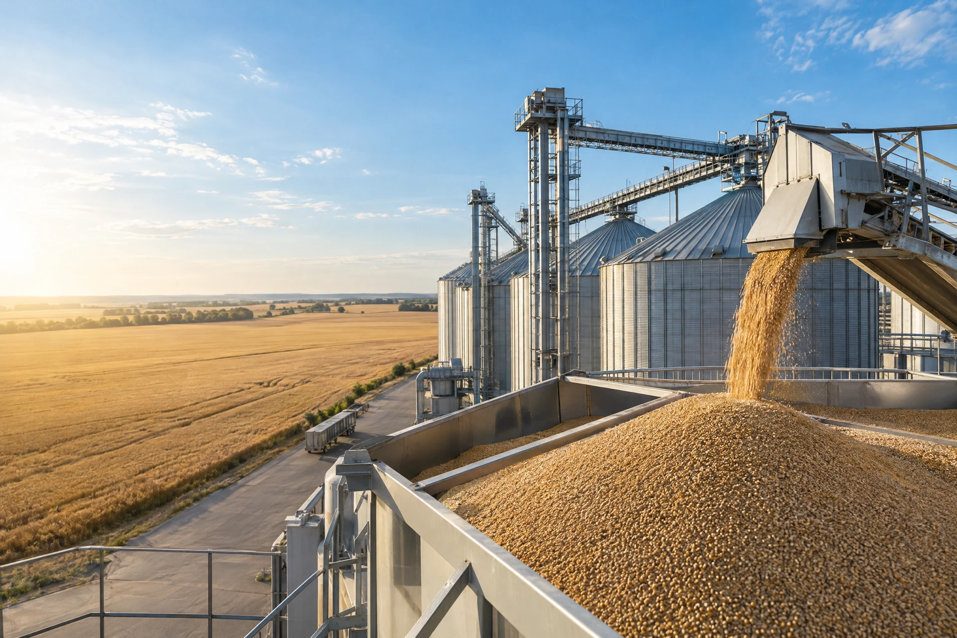 Golden grain being handled by conveyors beside grain storage silos