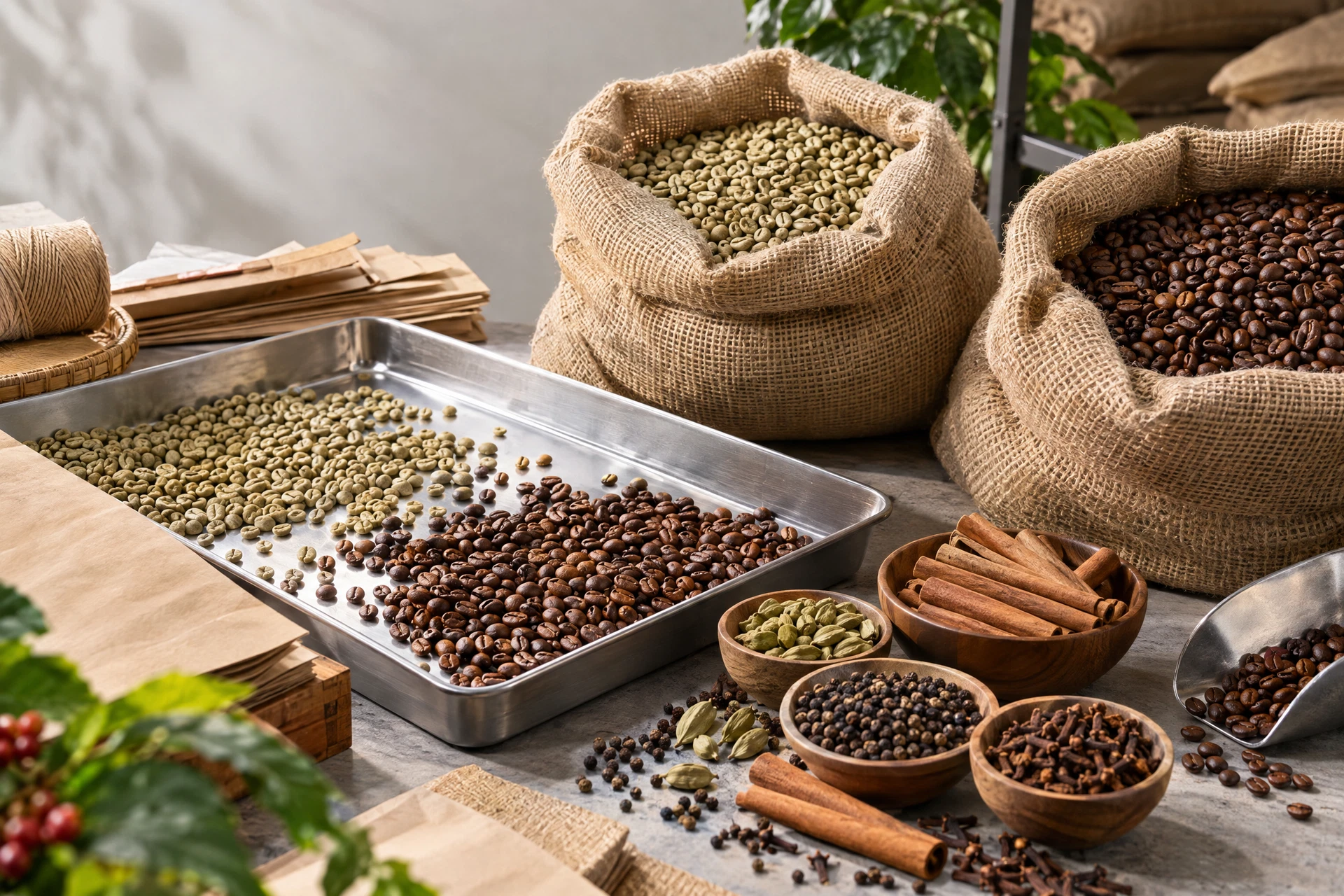 Coffee beans and spices arranged in an agro-food commodity processing workspace